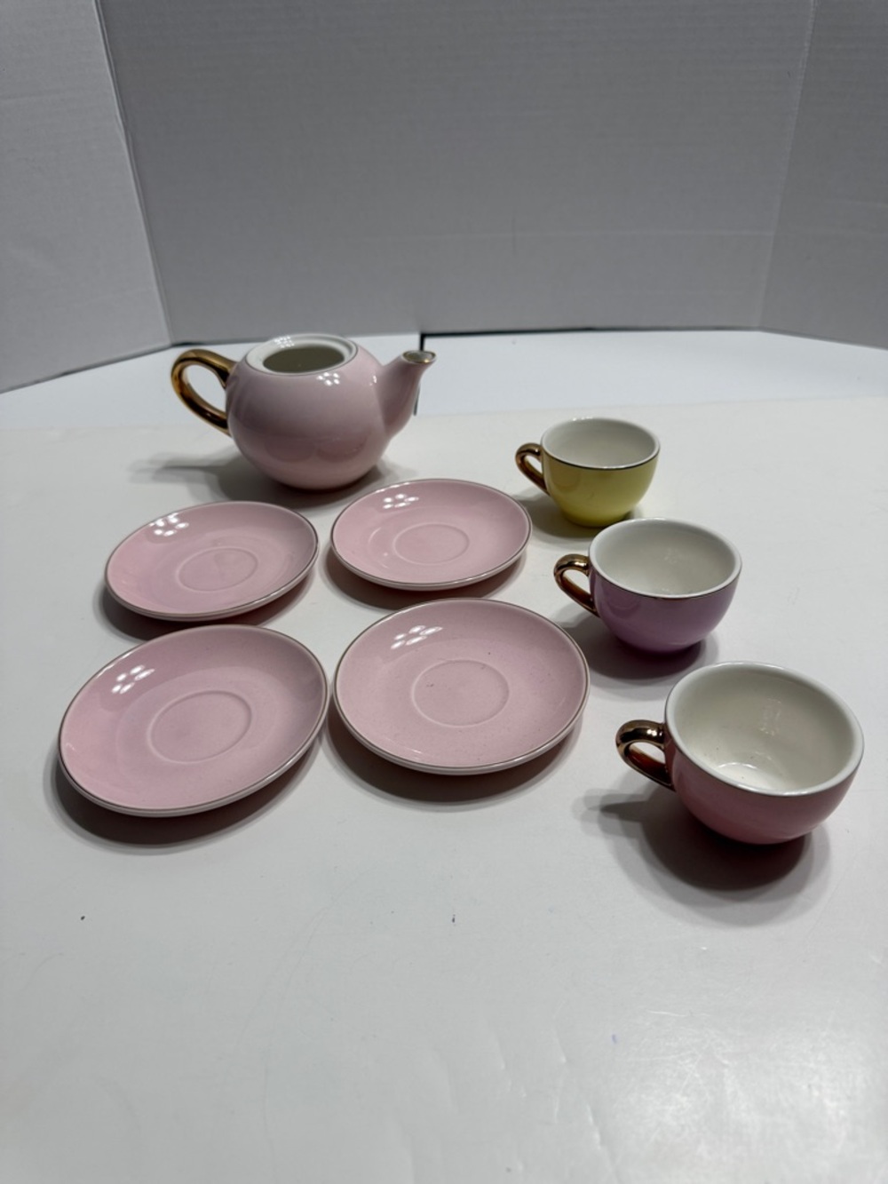FAO Schwarz Pink and Yellow Porcelain Toy Tea Set with Gold Handles
